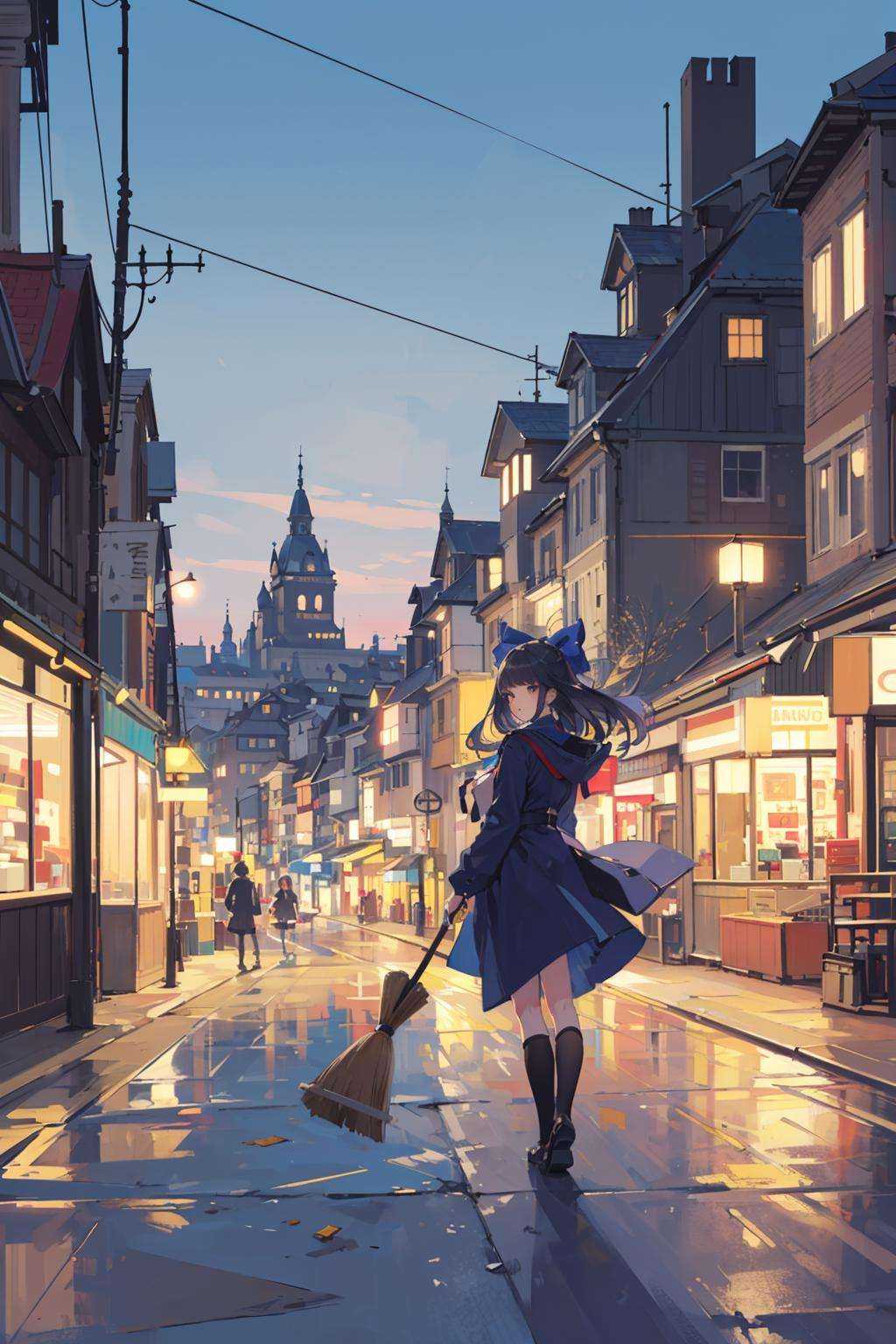 (masterpiece:1.2), best quality,PIXIV,impasto, style by snitt,1girl, broom, broom riding, scenery, kiki (majo no takkyuubin), city, cityscape, bow, hair bow, sky, witch, building, night, outdoors<lora:style by snitt_20231103102242-000018:0.5>