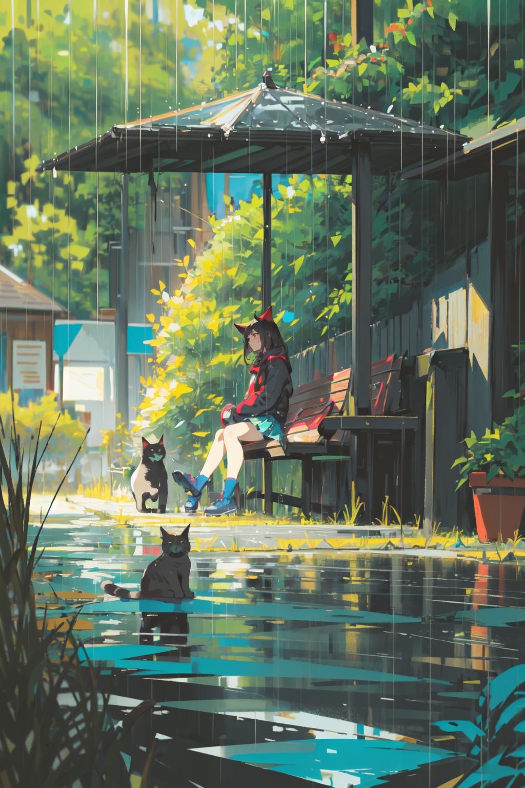 style by snatti, 1girl, rain, solo, sitting, cat, scenery, black hair, outdoors, black cat, skirt, plant, bench, long sleeves<lora:style by snatti-000018:0.8>