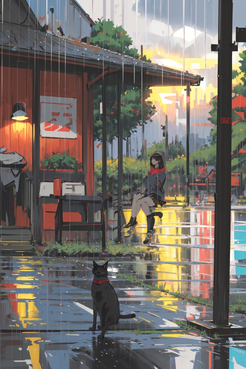 (masterpiece:1.2), best quality,PIXIV, style by snatti, 1girl, rain, solo, sitting, cat, scenery, black hair, outdoors, black cat, skirt, plant, bench, long sleeves<lora:style by snatti-000018:0.9>