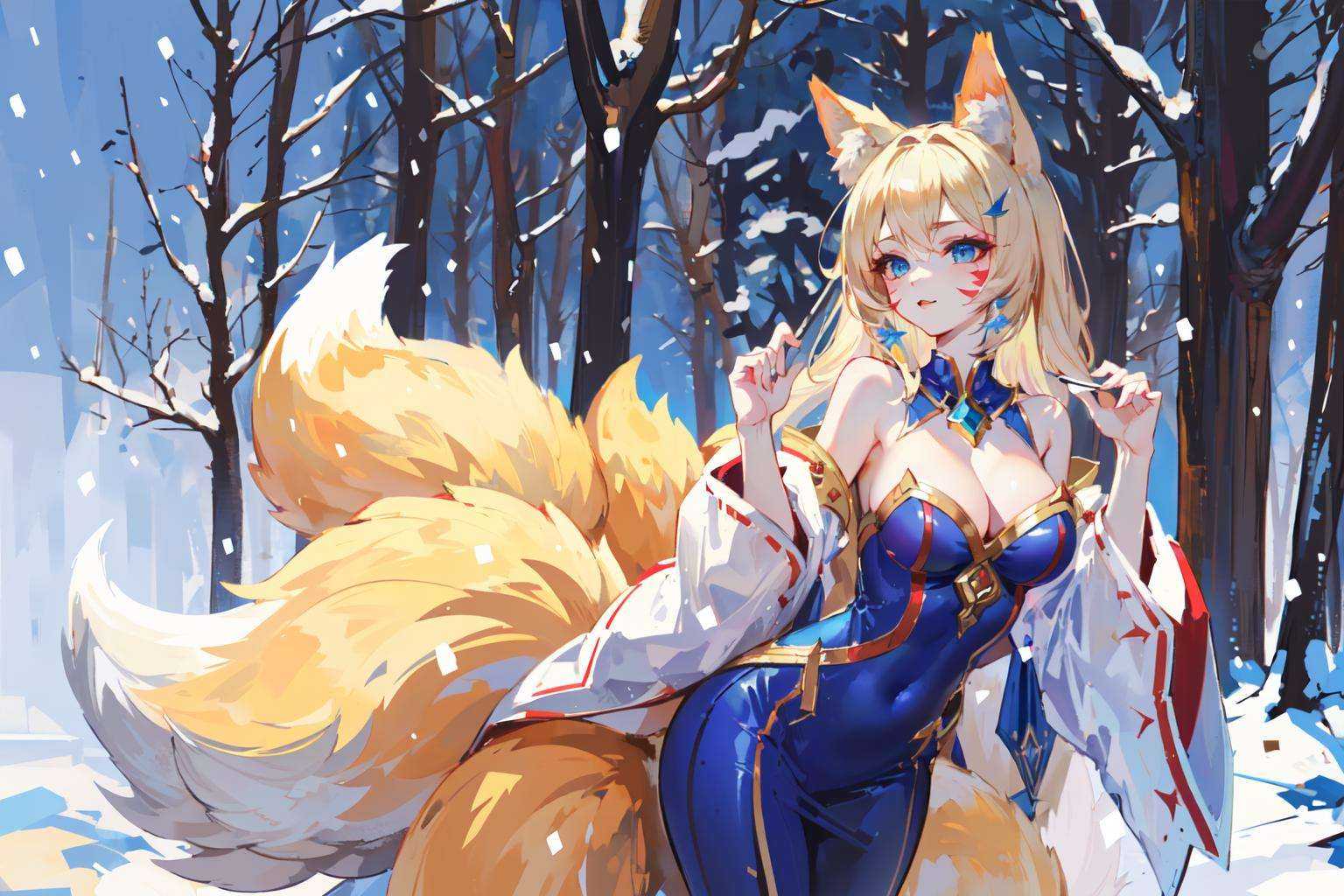 (masterpiece:1.2), best quality,PIXIV,impasto, style by snitt,1girl, ahri (league of legends), tail, animal ears, fox ears, fox tail, multiple tails, long hair, solo, breasts, bare shoulders, facial mark, blonde hair, whisker markings, snow, cleavage, blue eyes, official alternate costume, fox girl, tree<lora:style by snitt_20231103102242-000018:0.8>