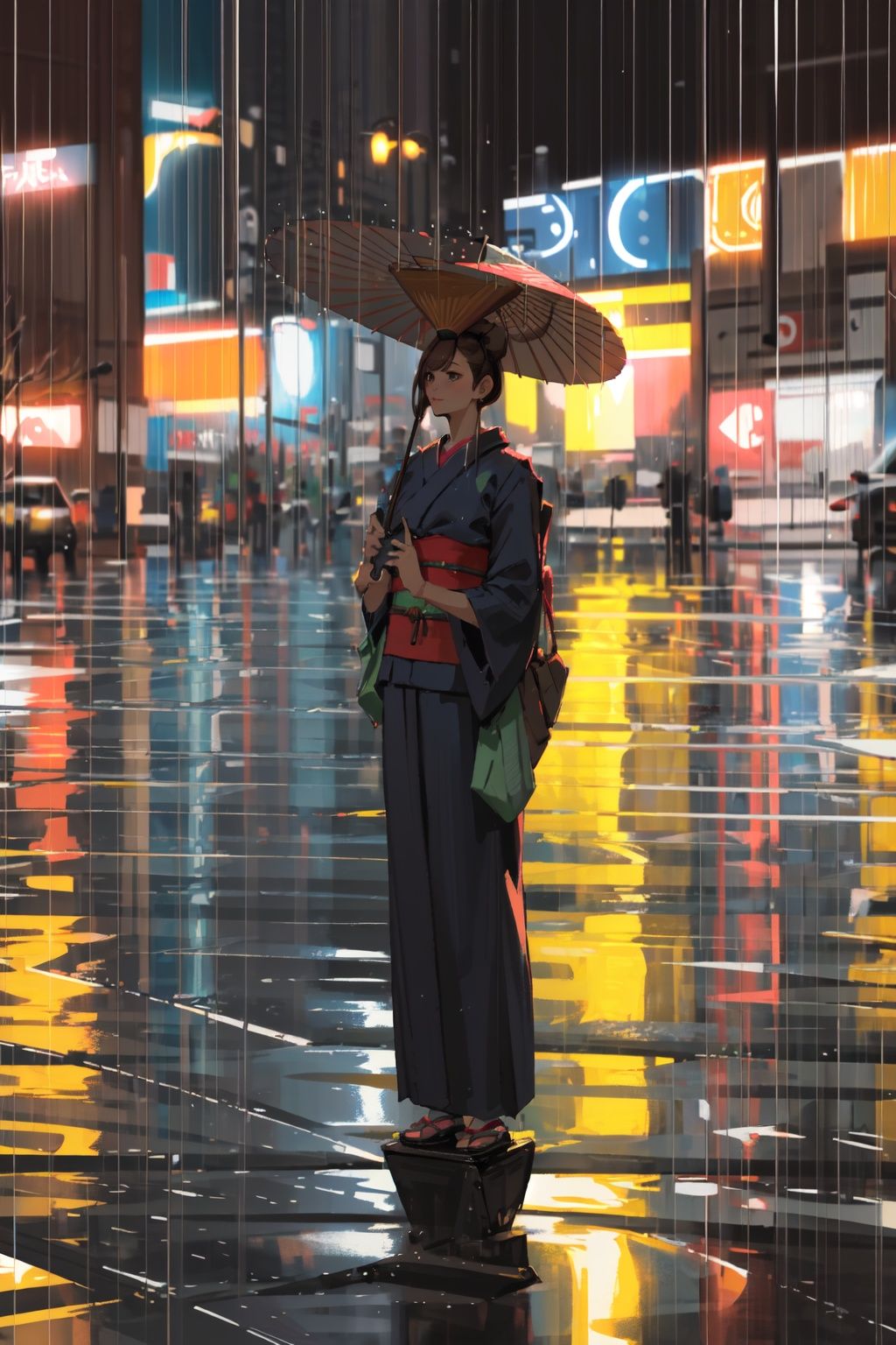 -style by snatti, 1girl, rain, solo, umbrella, japanese clothes, kimono, holding umbrella, holding, outdoors, standing, brown hair, hair bun, full body, oil-paper umbrella<lora:style by snatti-000018:0.9>