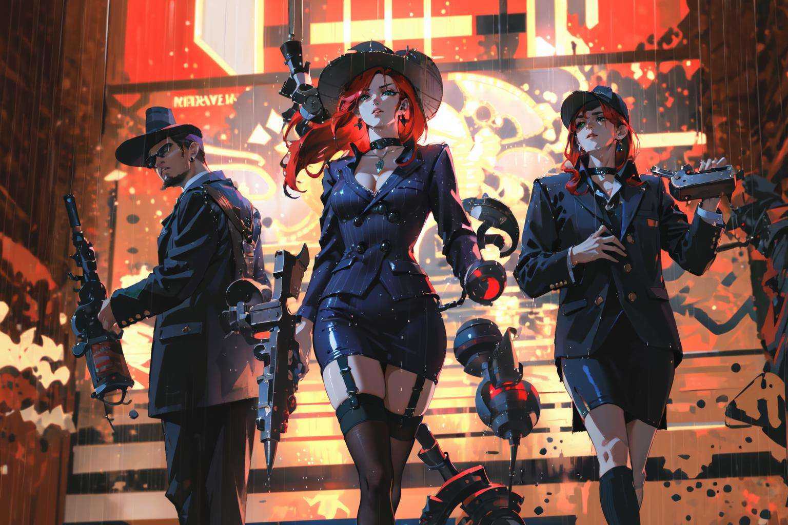 (masterpiece:1.2), best quality,PIXIV, style by snatti, hat, 1girl, gun, weapon, thighhighs, skirt, red hair, garter straps, breasts, rain, long hair, cleavage, guitar, multiple boys, suit, jewelry, formal, pencil skirt, pinstripe pattern, bowler hat, earrings, choker, green eyes, instrument <lora:style by snatti-000018:1>