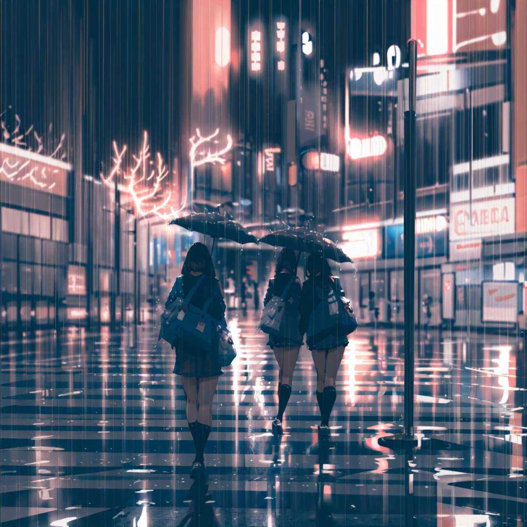 (masterpiece:1.2), best quality,PIXIV, style by snatti, 2girls, umbrella, multiple girls, rain, blurry, bag, outdoors, skirt, depth of field, reflection, from behind, shared umbrella, kneehighs, walking, holding, black hair <lora:style by snatti:1>