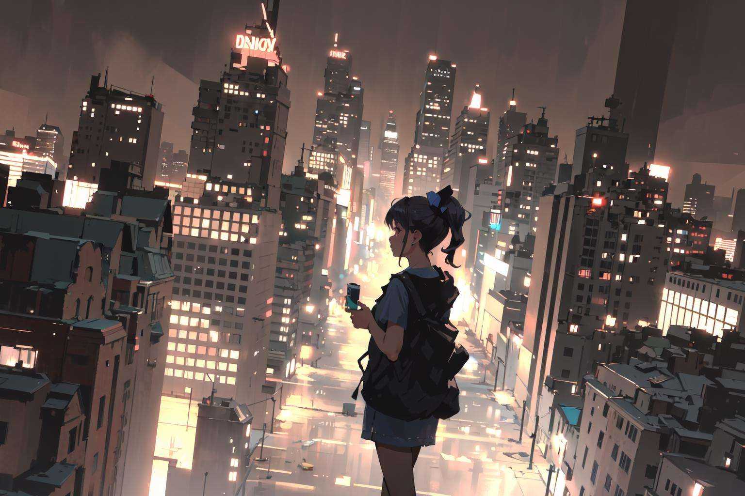 (masterpiece:1.2), best quality,PIXIV, style by snatti, 1girl, solo, building, cityscape, city, silhouette, scenery, side ponytail<lora:style by snatti-000018:0.8>