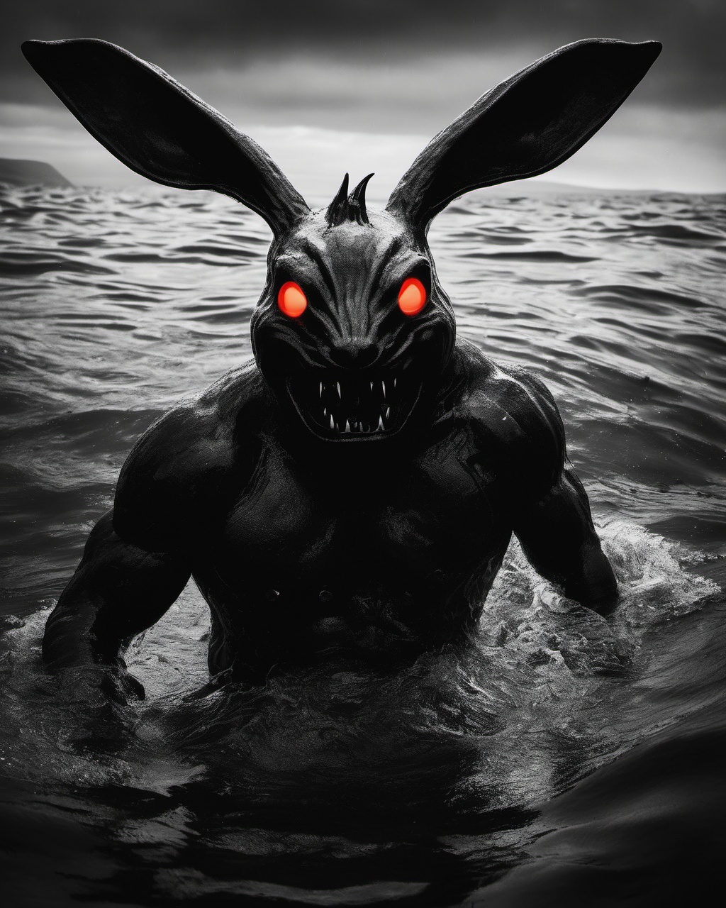 darkart,  Swimming underwater anthropomorphic evil monster looking like an evil agressive rabbit. Evil monster with two ag...
