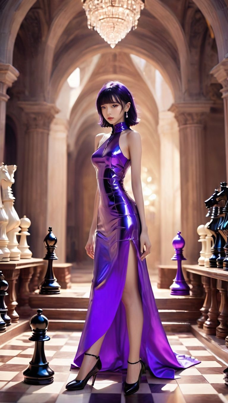 <lora:xl-shanbailing-1106model:1>,bailing_model,1girl,solo,stylish_pose,white hair,purple,full_body,masterpiece,best quality,32k uhd,insane details,intricate details,hyperdetailed,hyper quality,high detail,ultra detailed,Masterpiece,blurry background,depth of field,(wide shot, wide-angle lens,Panoramic:1.2),super vista,super wide Angle,Low Angle shooting,super wide lens,1girl,solo,chess piece,bangs,black hair,upper body,board game,(upper body:1.4),jewelry,earrings,choker,cleavage,eyes with light,