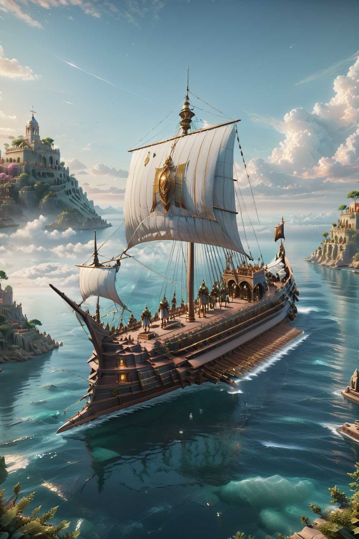 fantasy roman art,a The Floating Isles, A brave explorer sets sail to discover a cluster of islands that float high above the clouds. character, detailed, sub surface scattering, sharp focus, detailed, particles, sub surface scattering, sharp focus , cinema 4d, matte painting, polished, beautiful, colorful, intricate, eldritch, ethereal, vibrant, surrealism, surrealism, vray, nvdia ray tracing, cryengine, magical, 4k, 8k, masterpiece, crystal, romanticism,Create a stunning landscape of an illuminated enchanted forest in the twilight. The painting should have a soft, ethereal lighting and vibrant pastel colors. The style should be realistic, resembling the works of Thomas Kinkade. Use oil on canvas as the medium, focusing on creating a high-definition scenic painting.,Movie Still,Renaissance Sci-Fi Fantasy
