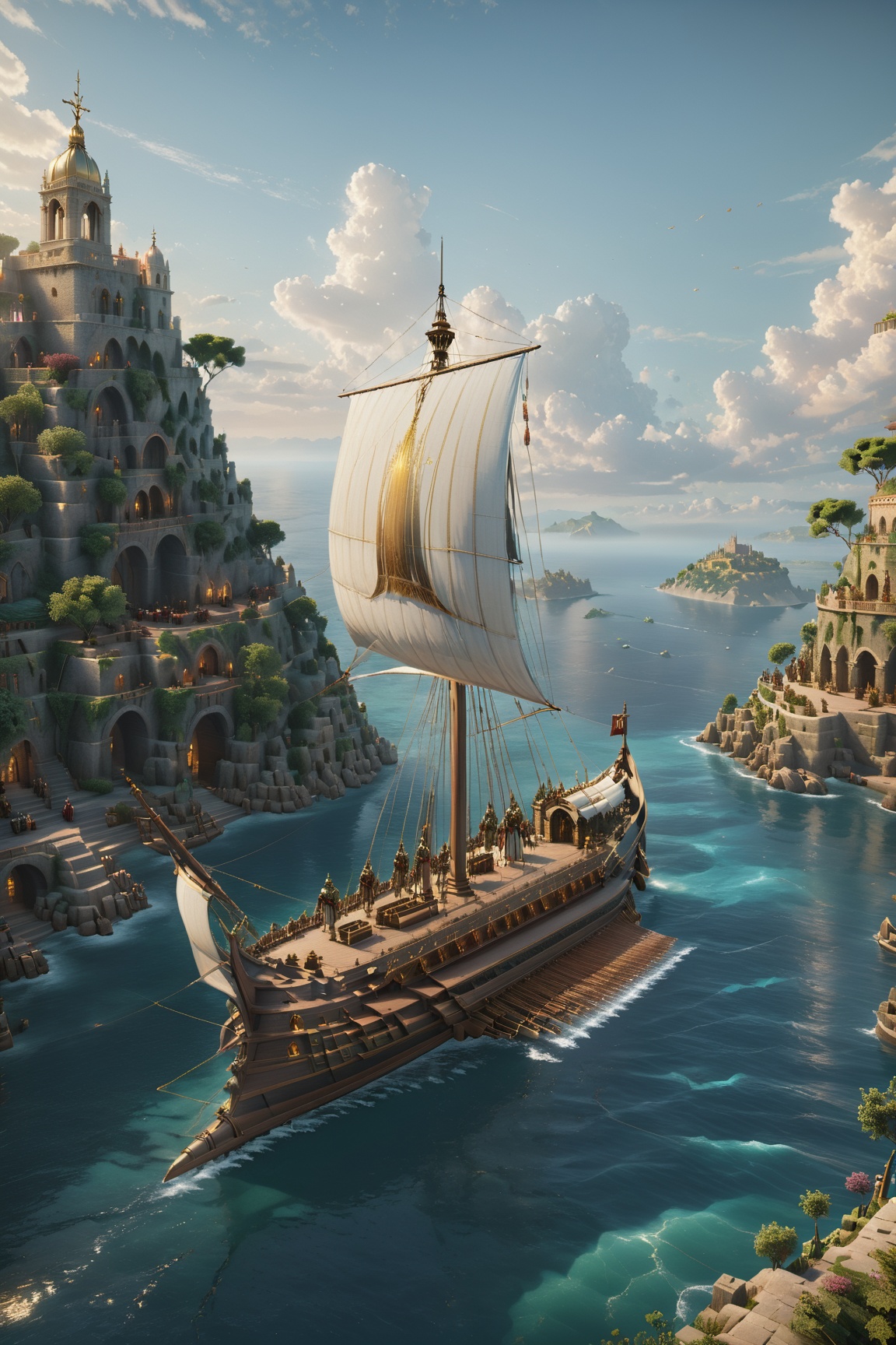fantasy roman art,a The Floating Isles, A brave explorer sets sail to discover a cluster of islands that float high above the clouds. character, detailed, sub surface scattering, sharp focus, detailed, particles, sub surface scattering, sharp focus , cinema 4d, matte painting, polished, beautiful, colorful, intricate, eldritch, ethereal, vibrant, surrealism, surrealism, vray, nvdia ray tracing, cryengine, magical, 4k, 8k, masterpiece, crystal, romanticism,Create a stunning landscape of an illuminated enchanted forest in the twilight. The painting should have a soft, ethereal lighting and vibrant pastel colors. The style should be realistic, resembling the works of Thomas Kinkade. Use oil on canvas as the medium, focusing on creating a high-definition scenic painting.,Movie Still,Renaissance Sci-Fi Fantasy