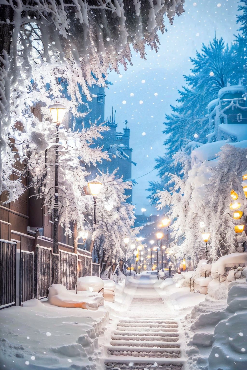  Best quality,8k,cg,lamppost, snow, no humans, scenery, tree, outdoors, winter, ground vehicle, sky, car, motor vehicle, road, bare tree, building, snowing