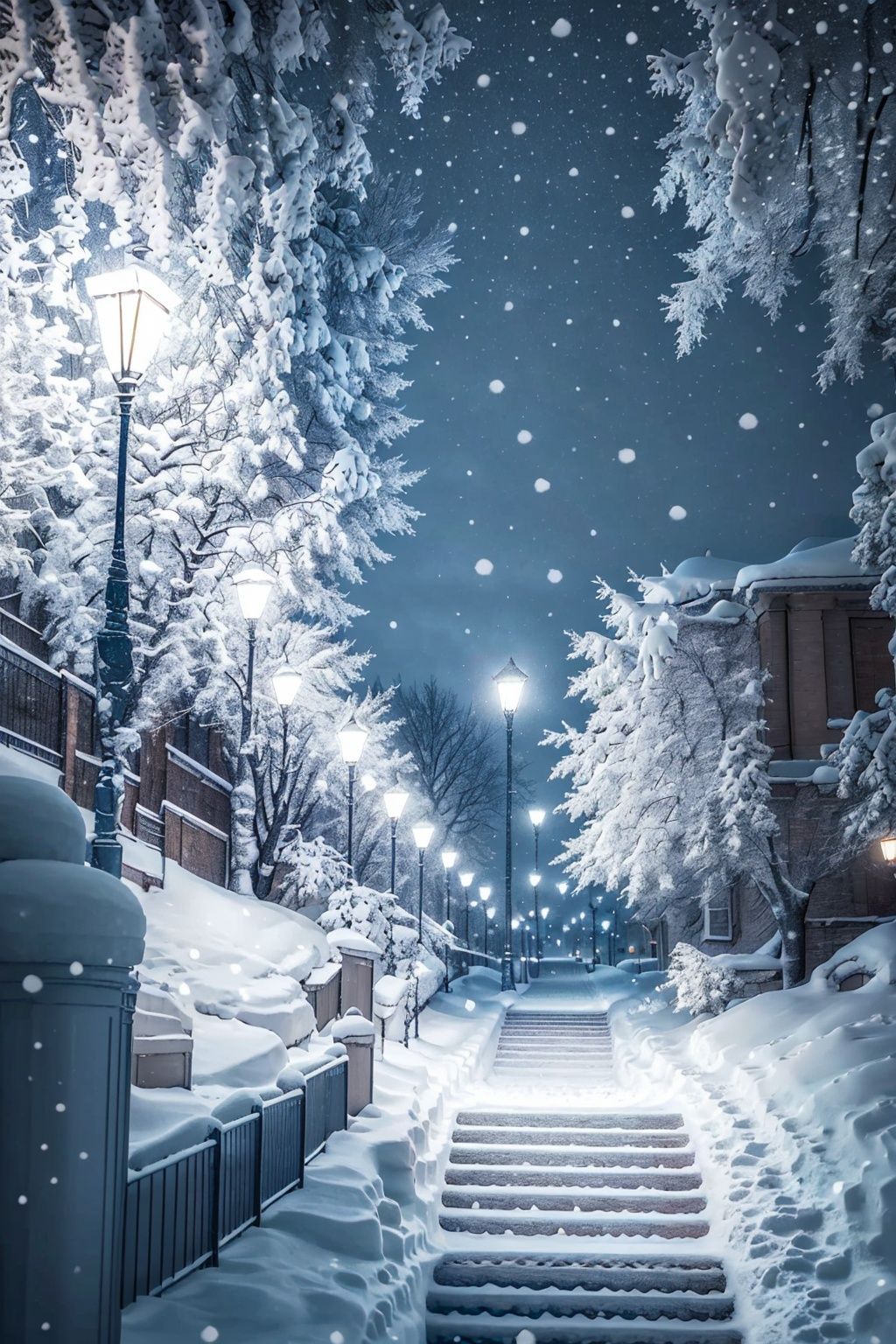  Best quality,8k,cg,no humans, snow, stairs, tree, scenery, outdoors, lamppost, snowing, blue theme, winter, sky, night, bare tree, monochrome