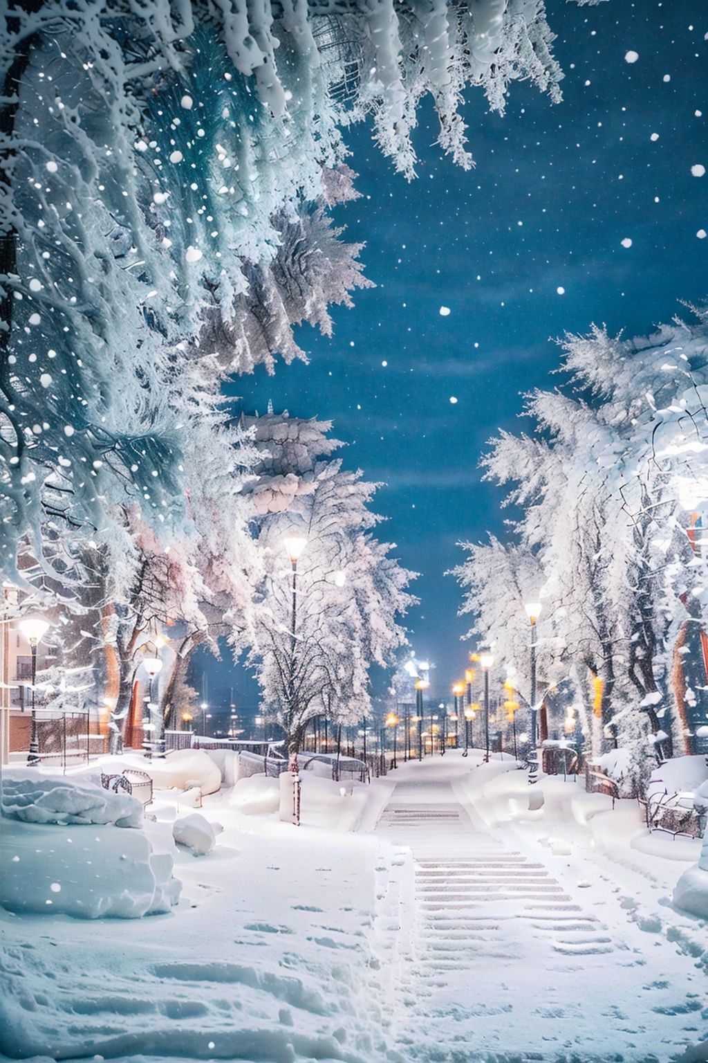  Best quality,8k,cg,lamppost, snow, no humans, scenery, tree, outdoors, winter, ground vehicle, sky, car, motor vehicle, road, bare tree, building, snowing