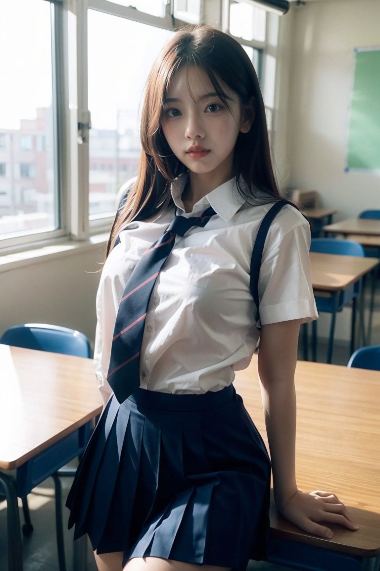 masterpiece, best quality, ultra high res, sexy high school girl, woman in school uniform, seductive pose, classroom environment, detailed background, warm lighting, professional camera angle, cinematic composition.