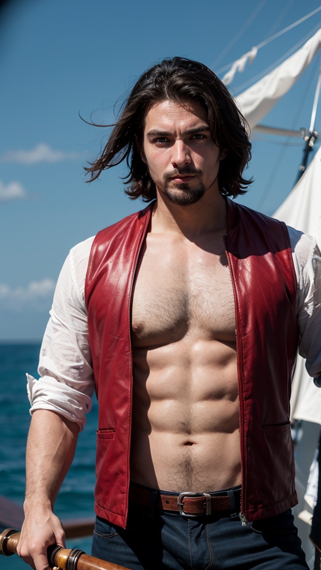 Holding a rapier an ***** male pirate with long swept back brown hair,  light blue eyes,  stumbled facial hair on Tensor.Art