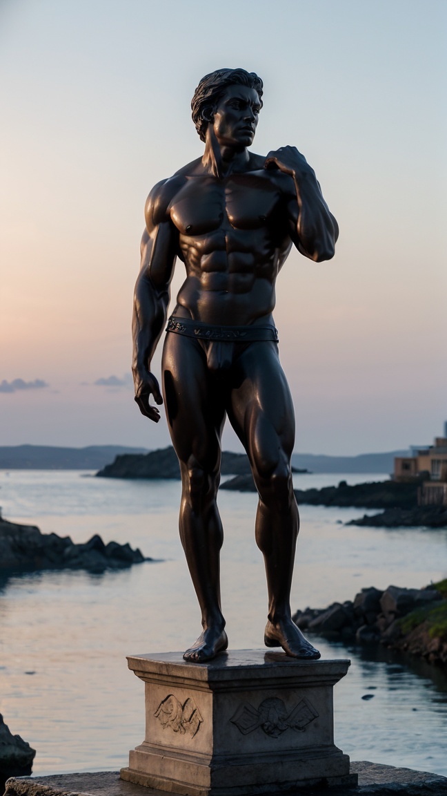 A Statue from a muscular Greek god Statue with a wavey middel Parting Hair out of white Marbel with a black backround Stan...