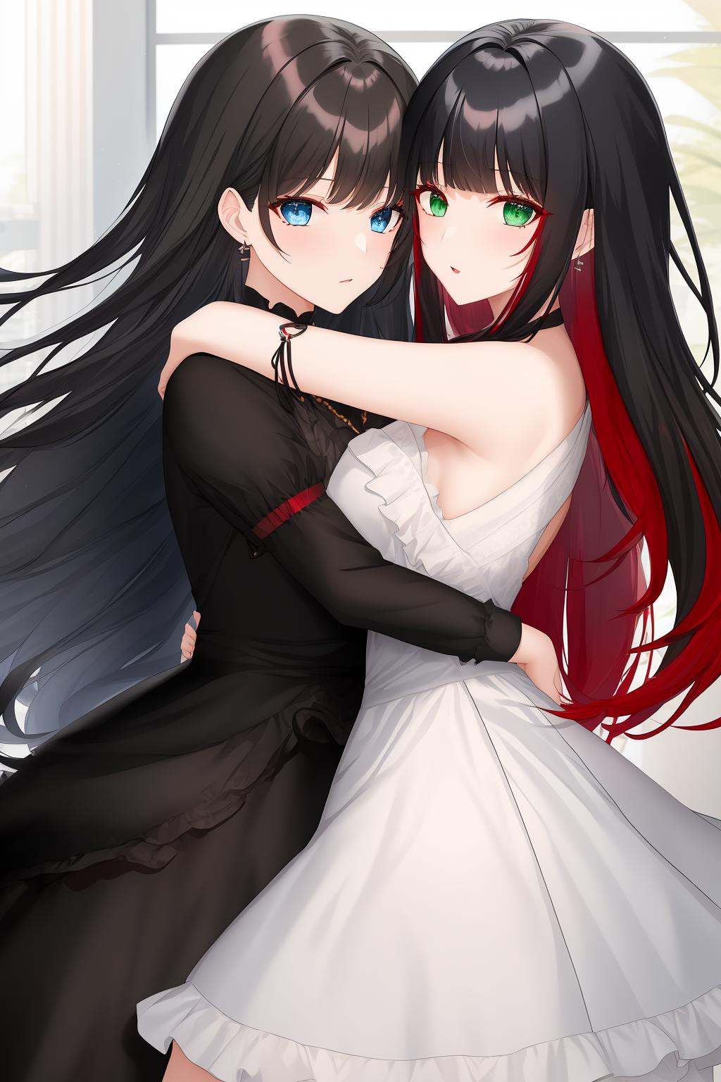 2girls,  black_hair,  red_hair on Tensor.Art