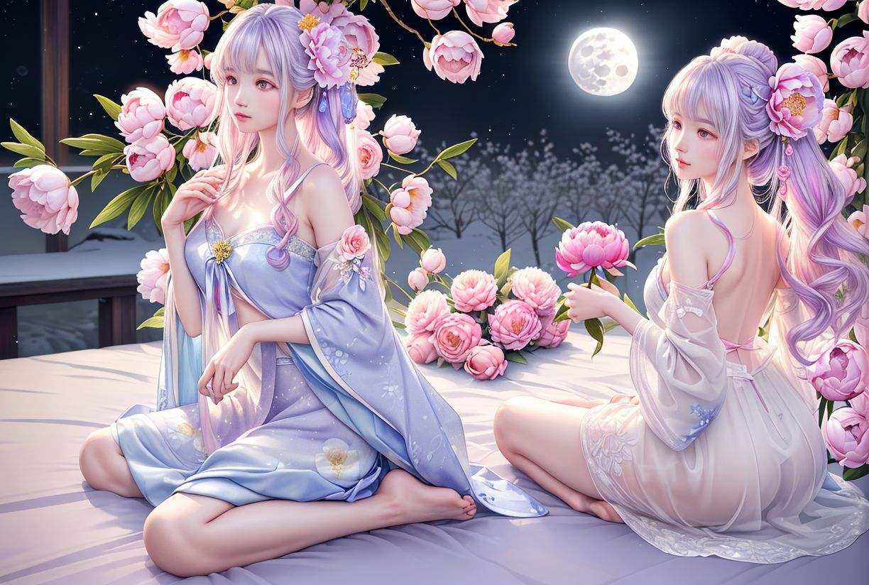 Snow and ice effect,snow princess,Fairy,Fox Spirit,Fox girl,lovely,peach blossom,Peony,background,Moon,moon,[(1girl|smoke:1.3|colorful dust:1.2|cloud)]fox girl,fox ears,bun,shiny hair,shiny skin,realistic skin,hanfu,bare shoulders,iridescent,intricate detail,(huge full moon:1.4),(,(soft lighting,:1.3)(realistic:1.3),Volumetric Lighting, guofeng_style,inkwash style,(film grain:1.5)He sat on his knees on the bed,haanfu,barefoot,sexy,(Silk transparent clothes (sexy white sexy underwear (bra)) :0.2),White | blue | lilac | pink | pale green,flower,detailed eyes,flower forground,flower and hair is same color,beautifully color,face,her hair is becoming flower,flower,hair,flower,butterfly,high details,high quality,back light,hair and clothes is flower, full body,high quality,hair with body,webbed dress, full body,flower ,flower hands,body with flower,flower with clothes,dress with flower,light particles,flower garden background,hair with flower,upper body with flower,big hair with flower,floating hair with flower,floating,young,marbling with hair and clothes,looking at viewer,original,arm down,flower garden background,flower forground,hair with flower,highres,hair with flower,hair,wavy hair,diffusion(fllowers,peony \(flower\),bra)  barefoot,bare legs, <lora:add_detail:0.5> <lora:[可爱风]CGALBWV9.1:0.5>