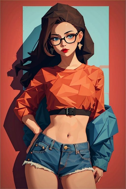  (best quality), ((masterpiece)), (Polygonal illustration style:1.2),polygon,1girl, solo, shorts, navel, glasses, midriff, red lips, denim shorts, blue eyes, long hair, denim, brown hair, shirt, looking at viewer, dbx,dbx