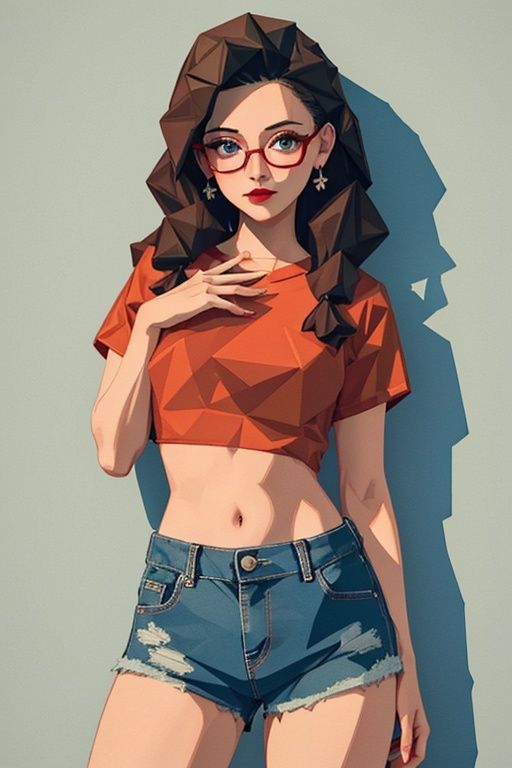 (best quality), ((masterpiece)), (Polygonal illustration style:1.2),polygon,1girl, solo, shorts, navel, glasses, midriff, red lips, denim shorts, blue eyes, long hair, denim, brown hair, shirt, looking at viewer, dbx,dbx