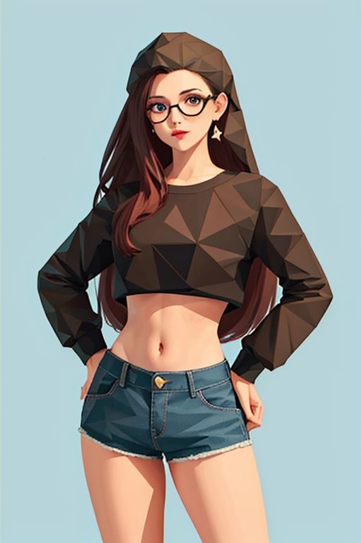  (best quality), ((masterpiece)), (Polygonal illustration style:1.2),polygon,1girl, solo, shorts, navel, glasses, midriff, red lips, denim shorts, blue eyes, long hair, denim, brown hair, shirt, looking at viewer, dbx