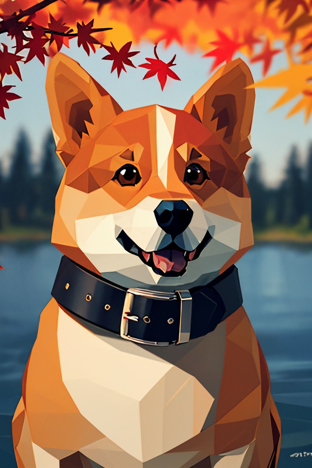  (masterpiece:1.2), best quality,Polygonal style, polygon,PIXIV, corgi style by snatti,no humans, dog, autumn, blurry, animal focus, animal, blurry background, shiba inu, outdoors, collar, depth of field, cutegui,tuyagirl,dbx