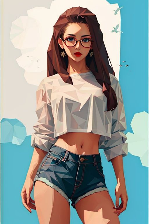  (best quality), ((masterpiece)),1girl, solo, shorts, navel, glasses, midriff, red lips, denim shorts, blue eyes, long hair, denim, brown hair, shirt, looking at viewer, dbx,dbx