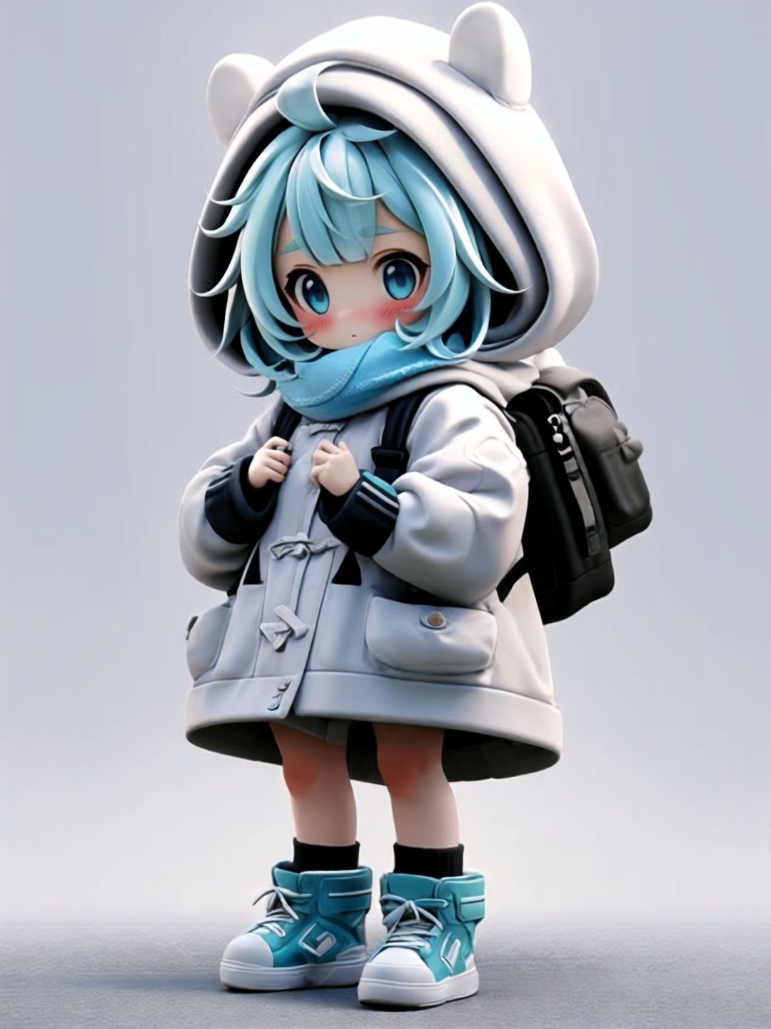 <lora:guchen-3DchaowanV1.0:0.8>,guchen,1girl,bag,blue eyes,long sleeves,white background,blush,coat,bangs,standing,blue hair,white footwear,hood,white hair,socks,scarf,short hair,chibi,3D,