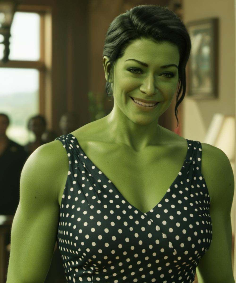 green skin,  A full-body depiction of a ohwx woman with ),  an alluring polka dot dress on Tensor.Art