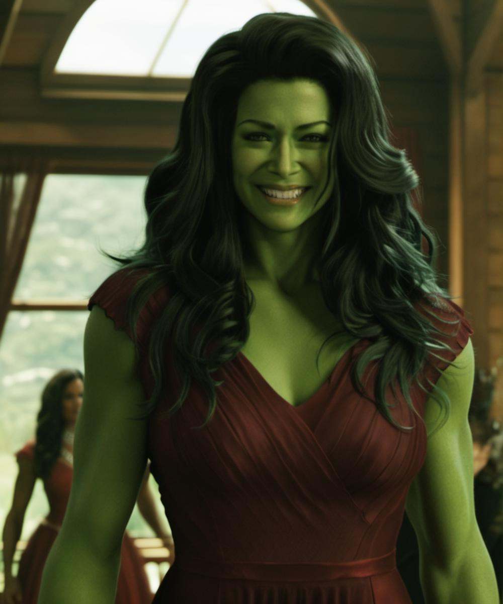 green skin,  A full-body depiction of a ohwx woman with long hair,  an alluring scarlet dress on Tensor.Art