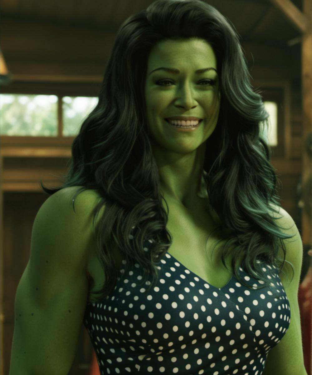 green skin,  A full-body depiction of a ohwx woman with long hair,  an alluring polka dot dress on Tensor.Art