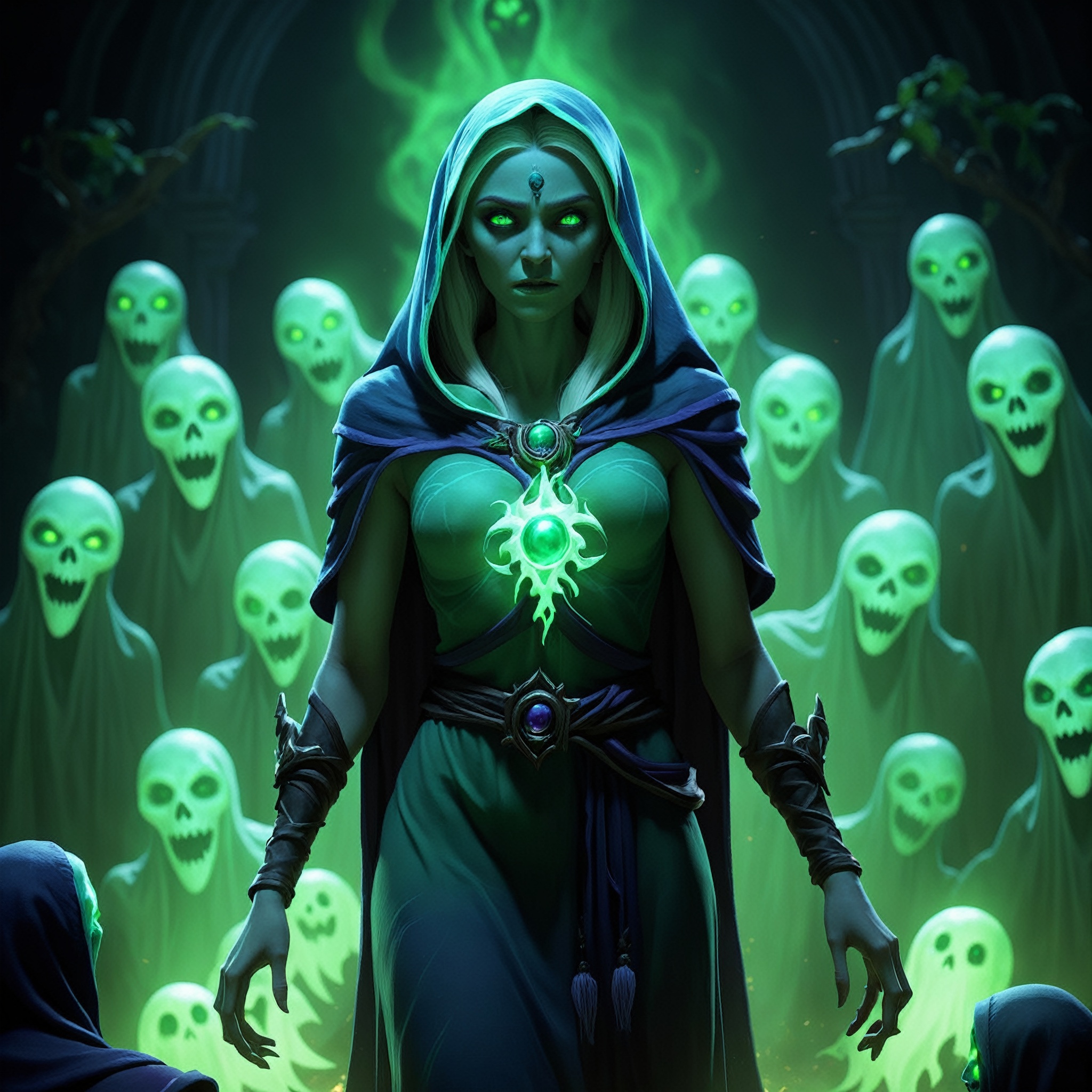 "death prophet" from Dota2 surrounded by her ghosts,  glowing green eyes,  full body shot on Tensor.Art