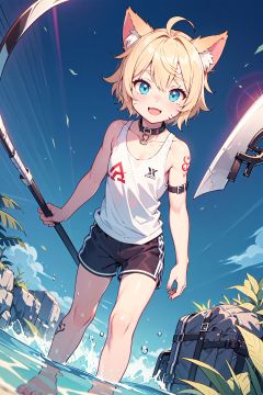 (masterpiece:1,2), best quality, masterpiece, highres, original, extremely detailed wallpaper, perfect lighting,(extremely detailed CG:1.2), drawing,scythe, collar, collarbone, sportswear, short shorts,  animal ears, furry male, fisheye, Exaggerated perspective , (dark skin:1.2),flowing blue water, shota, happy sex, short hair, breast tattoo,crotch tattoo,Hand Strap, barefoot, muscular child, scar, Damaged clothing