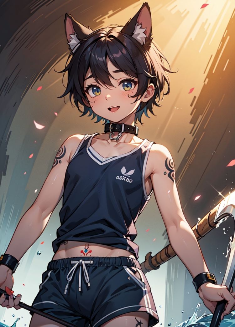 (masterpiece:1,2), best quality, masterpiece, highres, original, extremely detailed wallpaper, perfect lighting,(extremely detailed CG:1.2), drawing,scythe, collar, collarbone, sportswear, short shorts,  animal ears, furry male, fisheye, Exaggerated perspective , (dark skin:1.2),flowing blue water, shota, happy sex, short hair, breast tattoo,crotch tattoo,