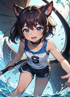 (masterpiece:1,2), best quality, masterpiece, highres, original, extremely detailed wallpaper, perfect lighting,(extremely detailed CG:1.2), drawing,scythe, collar, collarbone, sportswear, short shorts,  animal ears, furry male, fisheye, Exaggerated perspective , (dark skin:1.2),flowing blue water, shota, happy sex, 