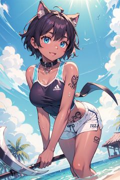 (masterpiece:1,2), best quality, masterpiece, highres, original, extremely detailed wallpaper, perfect lighting,(extremely detailed CG:1.2), drawing,scythe, collar, collarbone, sportswear, short shorts,  animal ears, furry male, fisheye, Exaggerated perspective , (dark skin:1.2),flowing blue water, shota, happy sex, short hair, breast tattoo,crotch tattoo,