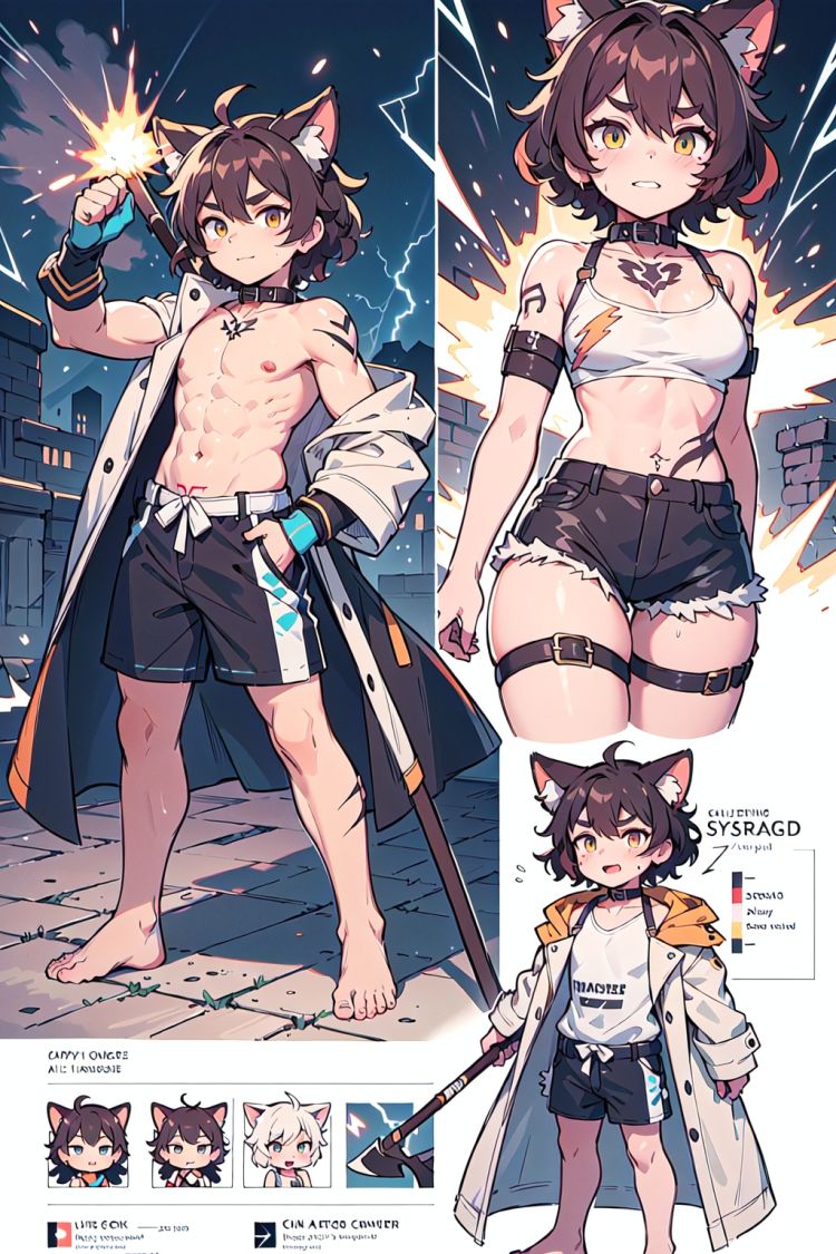  (masterpiece:1,2), best quality, masterpiece, highres, original, extremely detailed wallpaper, perfect lighting,(extremely detailed CG:1.2), drawing,scythe, collar, collarbone, short shorts, animal ears, furry male, (dark skin:1.2), shota, happy sex, short hair, breast tattoo,crotch tattoo,Hand Strap, barefoot, muscular male, Leg loop,messy hair,revealing clothes, scar on face, Standing on the ruins,naked coat, Expose shoulders,Beautiful and detailed explosion,Burn oneself in flames, curly hair,thick eyebrows,Eyes glow, thick thighs, thick arms, multiple views, pencil sketch,(illustration:1.1), (infographic:1.2), (all clothes configuration:1.15), young boy,Combat posture,fighting stance,Lightning surround,Ball lightning