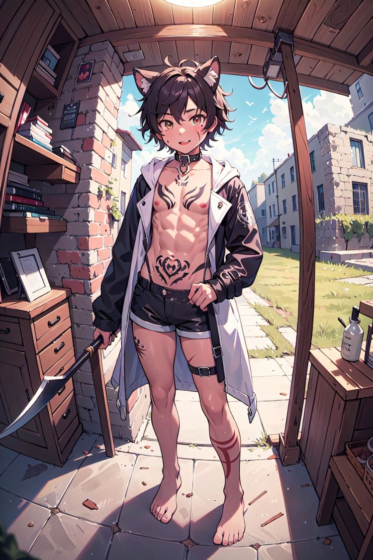 (masterpiece:1,2), best quality, masterpiece, highres, original, extremely detailed wallpaper, perfect lighting,(extremely detailed CG:1.2), drawing,scythe, collar, collarbone, short shorts,  animal ears, furry male, fisheye, Exaggerated perspective , (dark skin:1.2), shota, happy sex, short hair, breast tattoo,crotch tattoo,Hand Strap, barefoot, muscular male,  Leg loop,messy hair,revealing clothes, scar on face, Standing on the ruins,naked coat, 