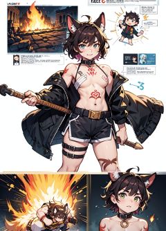 (masterpiece:1,2), best quality, masterpiece, highres, original, extremely detailed wallpaper, perfect lighting,(extremely detailed CG:1.2), drawing,scythe, collar, collarbone, short shorts, animal ears, furry male, (dark skin:1.2), shota, happy sex, short hair, breast tattoo,crotch tattoo,Hand Strap, barefoot, muscular male, Leg loop,messy hair,revealing clothes, scar on face, Standing on the ruins,naked coat, Expose shoulders,Beautiful and detailed explosion,Burn oneself in flames,  curly hair,thick eyebrows,Eyes glow, thick thighs, thick arms,  multiple views, pencil sketch,(illustration:1.1), (infographic:1.2), (all clothes configuration:1.15), young boy,Combat posture,fighting stance, CUXIAN,bandaid on nose, 