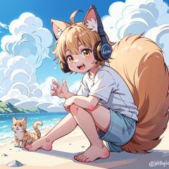 ahoge, furry, Children with bells and headphones, furry, open mouth, Big fluffy tail, An eight-year-old boy, Not a spot on the whole body, Yellow cat ears and brown antlers, Gray shorts, White shirt, The size of the cat, Juvenile, Skinny body type, 1boy, cat boy, furry, cub, ultra cute face, full body, perfect lighting, masterpiece, ultra detailed, White clothes,  ultra detailed fur, Beach, outside, The blue sky and white clouds, Alone,barefoot