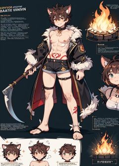 (masterpiece:1,2), best quality, masterpiece, highres, original, extremely detailed wallpaper, perfect lighting,(extremely detailed CG:1.2), drawing,scythe, collar, collarbone, short shorts, animal ears, furry male, (dark skin:1.2), shota, happy sex, short hair, breast tattoo,crotch tattoo,Hand Strap, barefoot, muscular male, Leg loop,messy hair,revealing clothes, scar on face, Standing on the ruins,naked coat, Expose shoulders,Beautiful and detailed explosion,Burn oneself in flames,  curly hair,thick eyebrows,Eyes glow, thick thighs, thick arms,  multiple views, pencil sketch,(illustration:1.1), (infographic:1.2), (all clothes configuration:1.15), cute man,young boy,Combat posture,fighting stance, CUXIAN