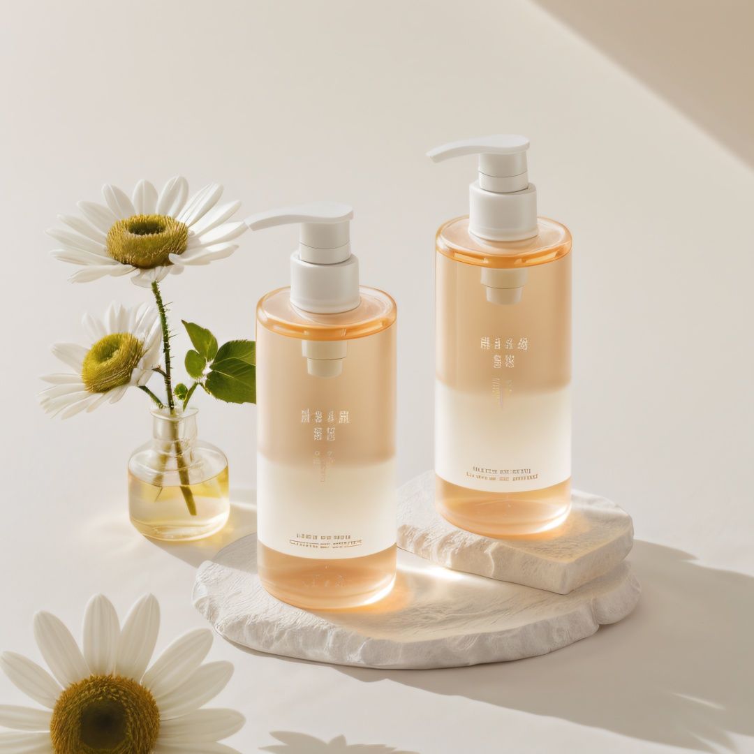 Warm colourRAW photo,  two bottles,  white flower,  white tea flower,  white silk,  top-down Angle,  minimalist style,  warm color scene,  gradient background,  8k Ultra HD,  DSLR camera,  soft lighting,  high quality,  film grain,  Fujifilm XT3,<lora:EMS-80769-EMS:0.800000>