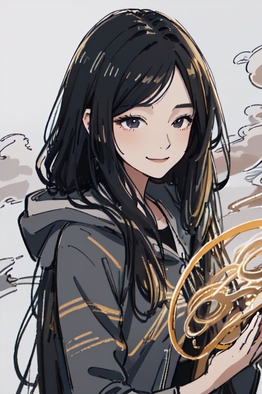 breathtaking watercolor painting,masterpiece,best quality,1girl,smile,(wear Hooded down jacket:1),black and golden swirling vortexes black cloudy and smoke and black background,(snowing),(( swirling vortexes black and golden hair)),((long Hair)),((right side)),emotional face,close up, . award-winning, professional, highly detailed