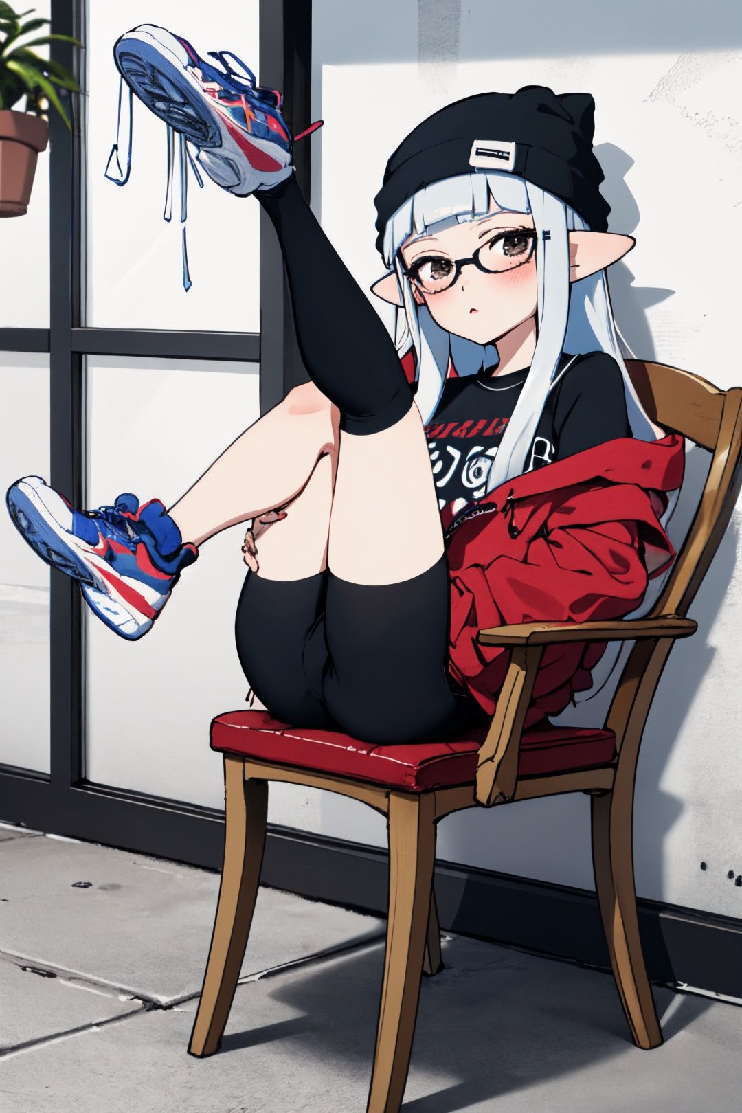  (masterpiece:1.2),(masterpiece, top quality, best quality),8K,hdoom,1girl,bike shorts,inkling girl,long hair,solo,inkling,shoes,hat,cup,tentacle hair,sneakers,holding,legs up,beanie,long sleeves,bangs,full body,sitting,pointy ears,sweater,looking at viewer,drinking straw,drinking,holding cup,disposable cup,blush,blunt bangs,single vertical stripe,shorts, solo