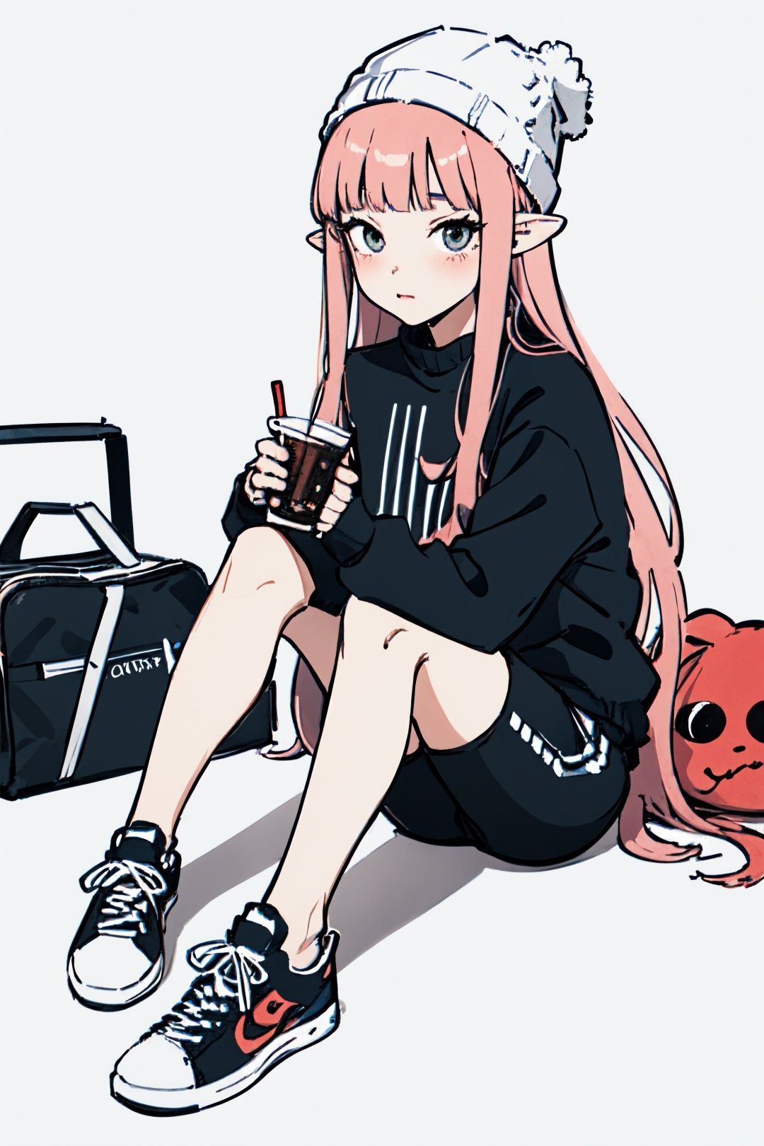  (masterpiece:1.2),(masterpiece, top quality, best quality),8K,hdoom,1girl,bike shorts,inkling girl,long hair,solo,inkling,shoes,hat,cup,tentacle hair,sneakers,holding,legs up,beanie,long sleeves,bangs,full body,sitting,pointy ears,sweater,looking at viewer,drinking straw,drinking,holding cup,disposable cup,blush,blunt bangs,single vertical stripe,shorts,