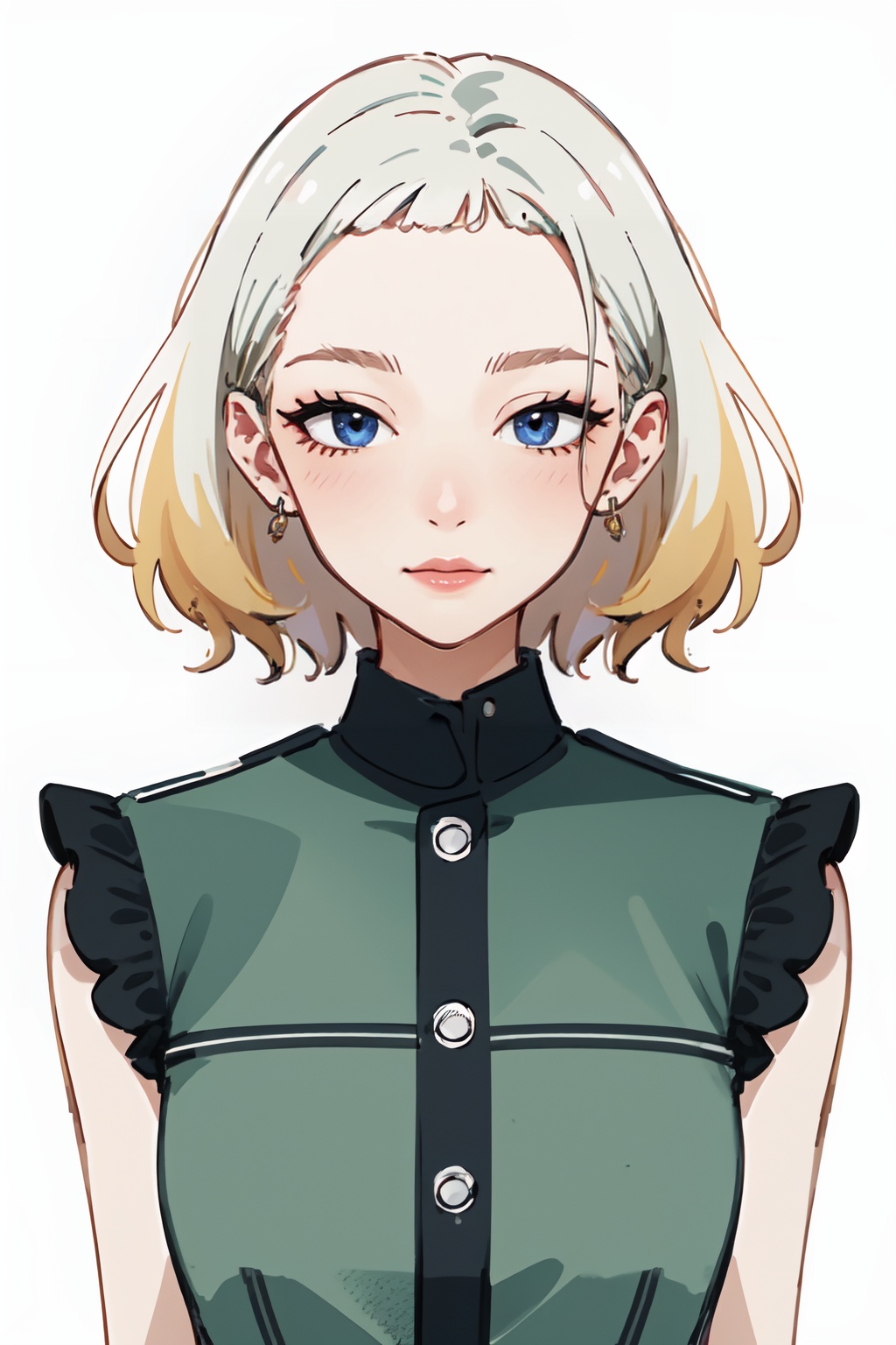  blunt bangs, masterpiece, best quality, best illustration, ultra-detailed, upper body, solo, 1 girl, looking at viewer, upright, arms at sides, beautiful detailed eyes, concept art, white background, simple background, white hair, green gradient hair, expressionless, blush, virtual youtuber, short hair,blonde hair, monkren, 2.5D