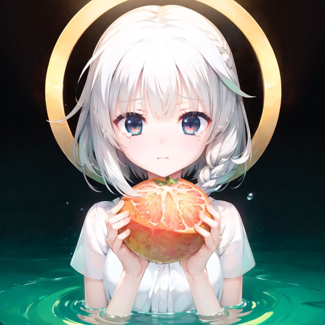  finely detail, Depth of field, (((masterpiece))), ((extremely detailed CG unity 8k wallpaper)), best quality, high resolution illustration, Amazing, intricate detail, (best illumination, best shadow, an extremely delicate and beautiful),

(streaming tears),sad,(grapefruit),(grapefruit),(grapefruit),looking at viewer,both hands on own cheek,White shirt,(white hair, short hair, braid,bangs:1.2),(glowing eyes),ripples,dark water,In water,