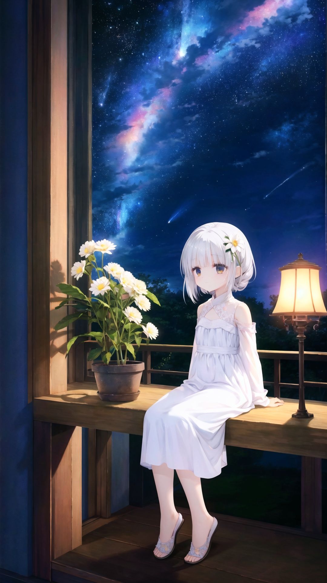 finely detail, Depth of field, (((masterpiece))), ((extremely detailed CG unity 8k wallpaper)), best quality, high resolution illustration, Amazing, intricate detail, (best illumination, best shadow, an extremely delicate and beautiful),

(flat color), colorful, (masterpiece:1, 2), best quality, masterpiece, highres, original, extremely detailed wallpaper, (flat color), colorful, (Masterpiece :1, 2), best quality, masterpiece, Highres, original, extremely detailed wallpaper, looking at viewer, (mid shot:0.95), (full body:1.25), Dynamic angle, extremely delicate and beautiful, ((Balcony)), (nature), (depth of field), amazing, masterpiece, growth, solo, lens flare, she(sitting, admiring the flowers and the moon), loli, little girl, (long sleeves), ((arms behind back)), she(long white hair+golden eyes+white simple style transparent dress+hair flower+shiny skin+shiny hair+crystal clear clothes), bare legs, barefoot, Star trail: ((1.3), potted plant, hanging potted the plants, between lamp, potted smallpox, blighting stars, night, elegant, night sky, extremely delicate and beautiful sky, shiny, nebula, star, galaxy, meteor, meteor shower, close-up, petals floating, many flowers, garden, glowworm, daisy, carnation, lavender, lily, chrysanthemum, rose), (looking at viewer)