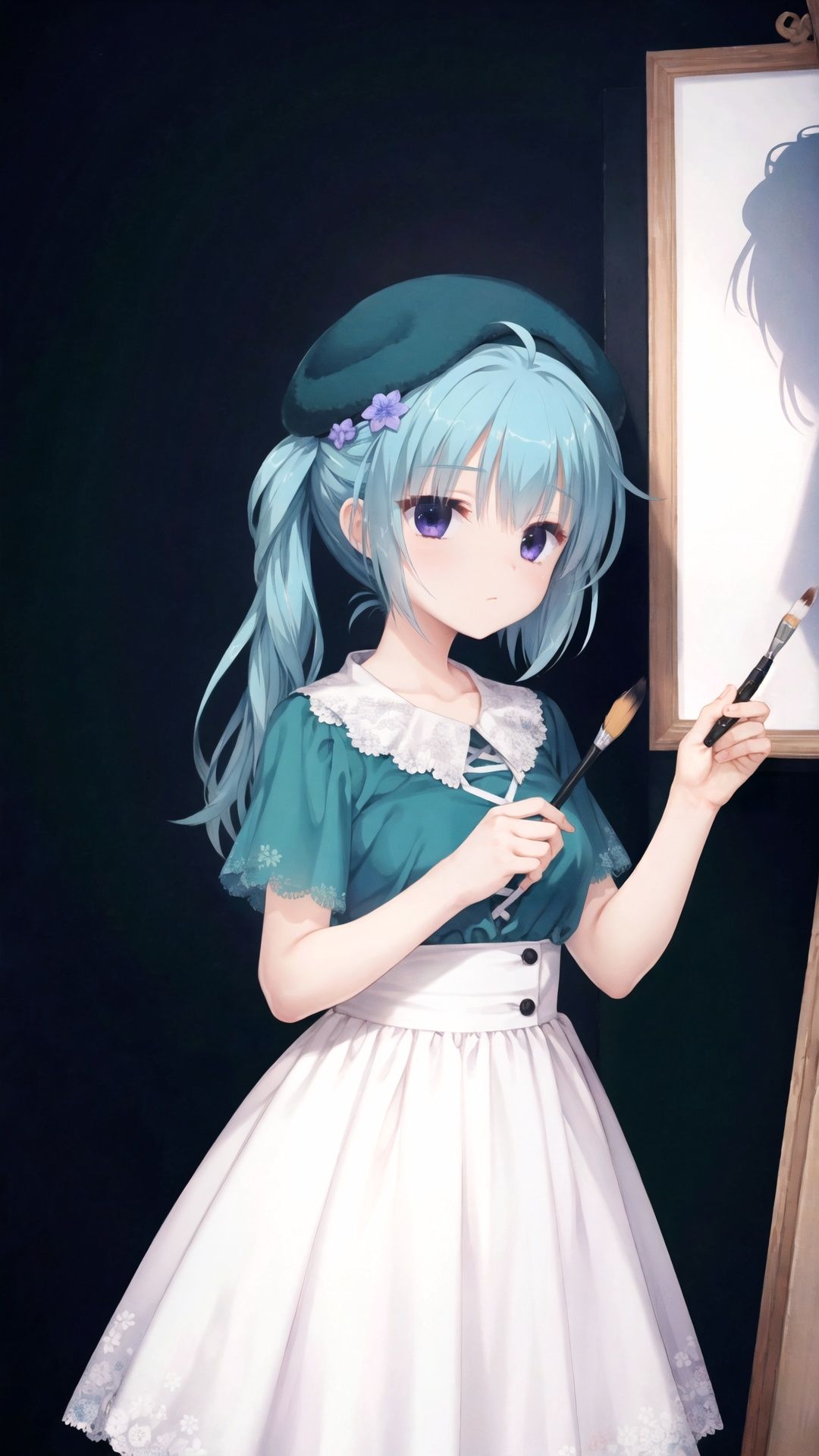 finely detail, Depth of field, (((masterpiece))), ((extremely detailed CG unity 8k wallpaper)), best quality, high resolution illustration, Amazing, intricate detail, (best illumination, best shadow, an extremely delicate and beautiful),

1girl, palette (object), dress, blue hair, white dress, hat, solo, purple eyes, beret, long hair, painting (object), bangs, black background, closed mouth, holding, looking at viewer, ahoge, simple background, hair ornament, paintbrush