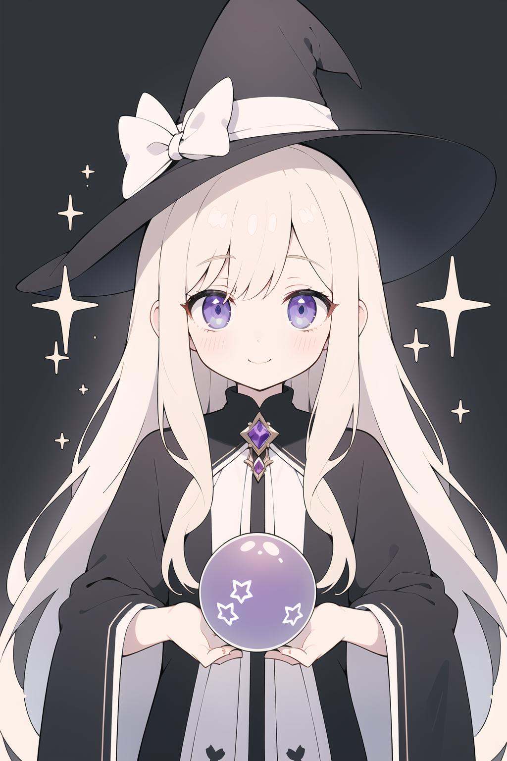 She is a cute magician girl,  with a head of soft purple long hair,  paired with a black pointed hat. Her eyes are deep pu...