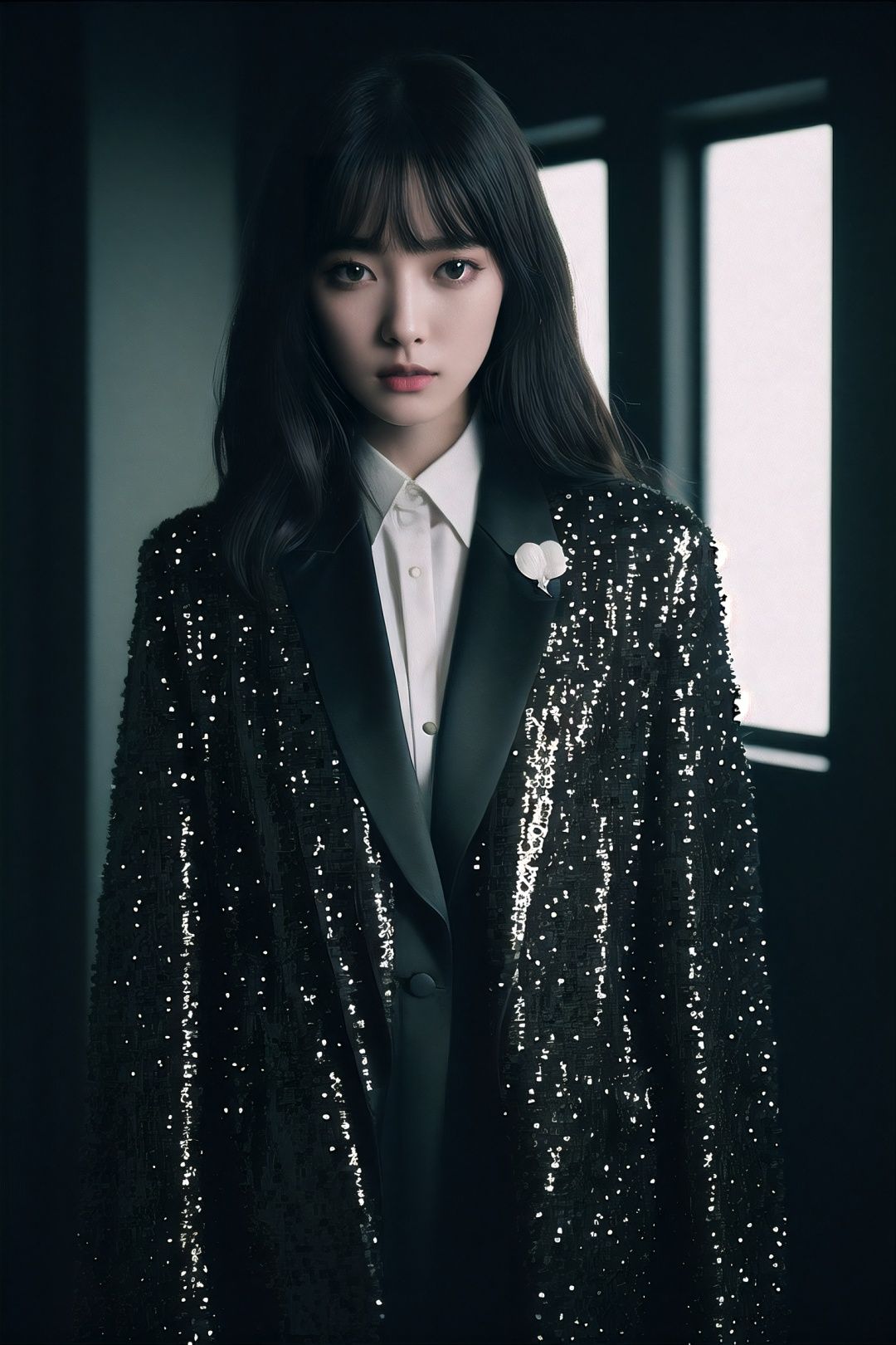  breathtaking lovecraftian horror , eldritch, cosmic horror, unknown, mysterious, surreal, highly detailed, Fujifilm FP-100C, Tom Ford sequin-embellished tuxedo jacket with satin lapels, positive space composition, RickOwens(瑞克·欧文斯), girl, 1girl, solo . award-winning, professional, highly detailed