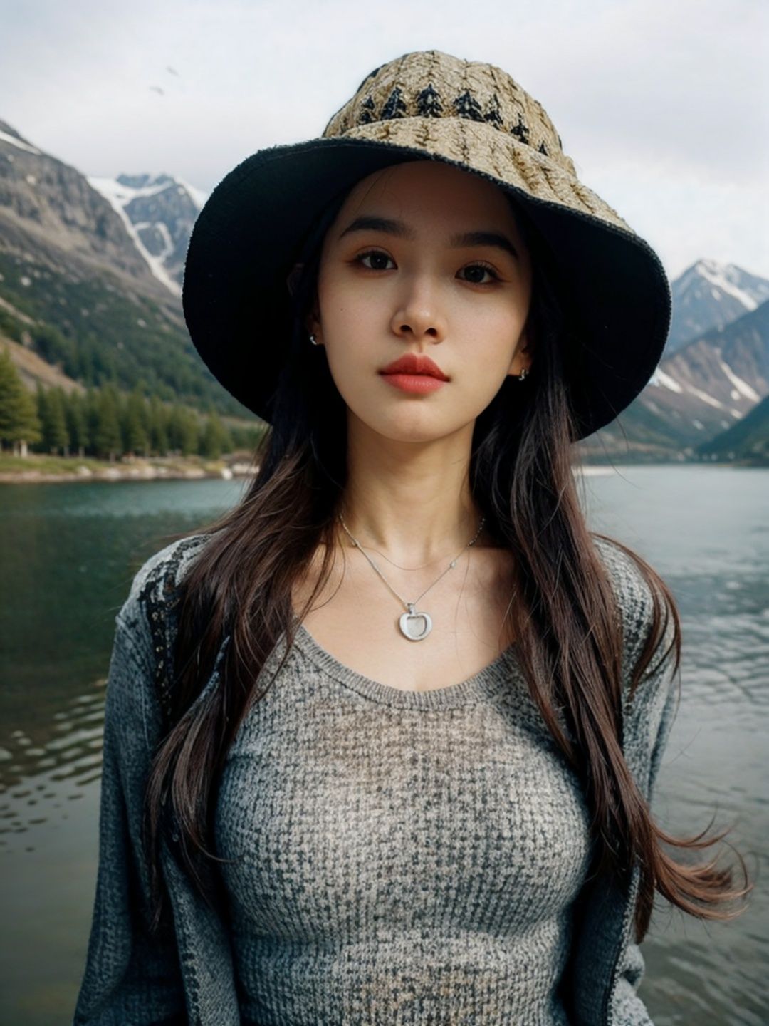  1girl, solo, hat, jewelry, long hair, realistic, black hair, earrings, outdoors, photo background, mountain, necklace, river, looking at viewer, lake, day, nature, upper body, black eyes, lips, a woman with long hair wearing a hat and a backpack near a lake and mountains with snow on the tops